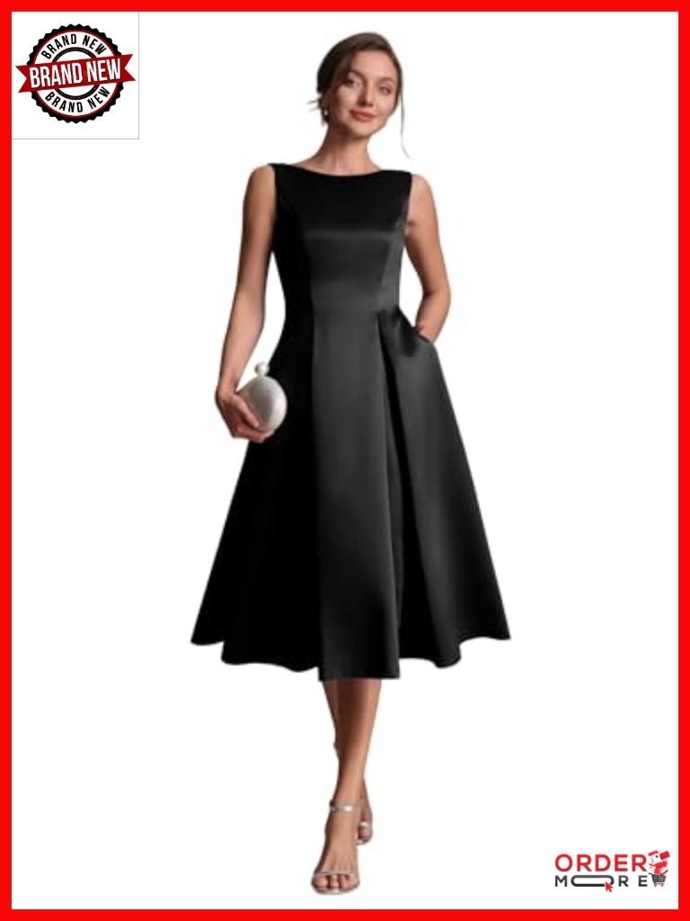 Satin Boat Neck V-Back Midi Dress With Pockets Sleeveless A-Line